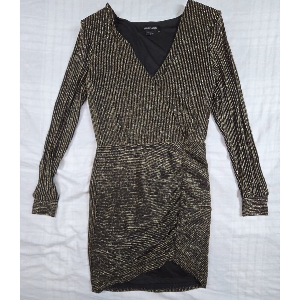 Marciano Faux Wrap Dress Asymmetrical Ruched Striped Gold Metallic S NWT